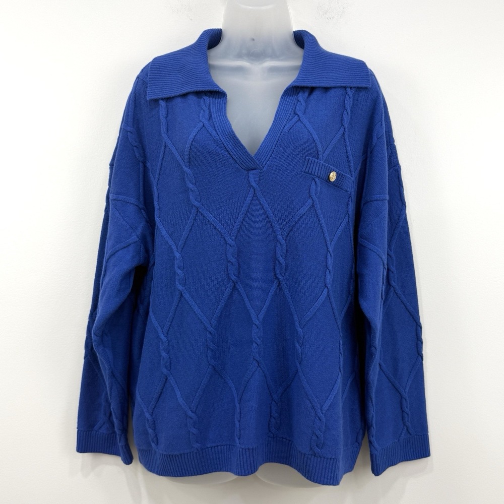 Talbots Lattice Cable Johnny Collar Sweater 2X Blue NWT Old Money Country Club